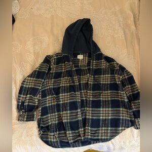 American Eagle Outfitters Blue Flannel Hooded Shirt